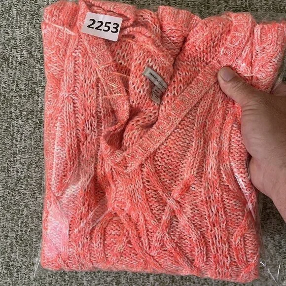 American Eagle Sweater Womens Medium Neon Orange Open Knit V Neck Tunic College - Picture 11 of 11